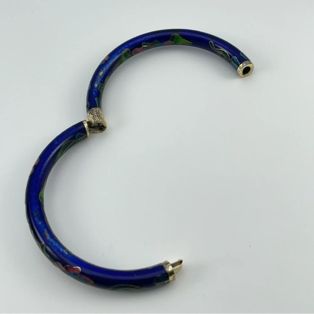 Charming Vintage Blue Cloisonné Floral Bangle Bracelet – Fair Condition